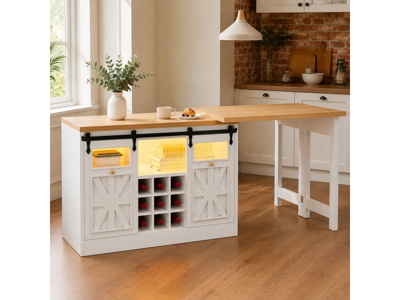  Buffet de cuisine avec table extensible pivotante à 360 degrés, led et rangement, pour salle à manger, en blanc  - Conforama B
