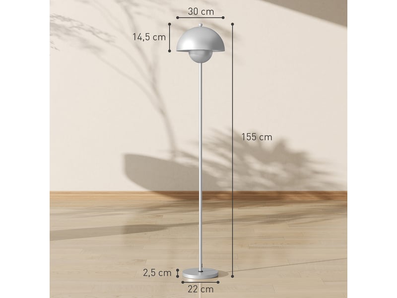  Lampadaire moderne pour salon avec abat-jour en forme de bol, interrupteur au pied, douille e27 (ampoule non fournie), ø 30 x 155 cm, argent  - Conforama E