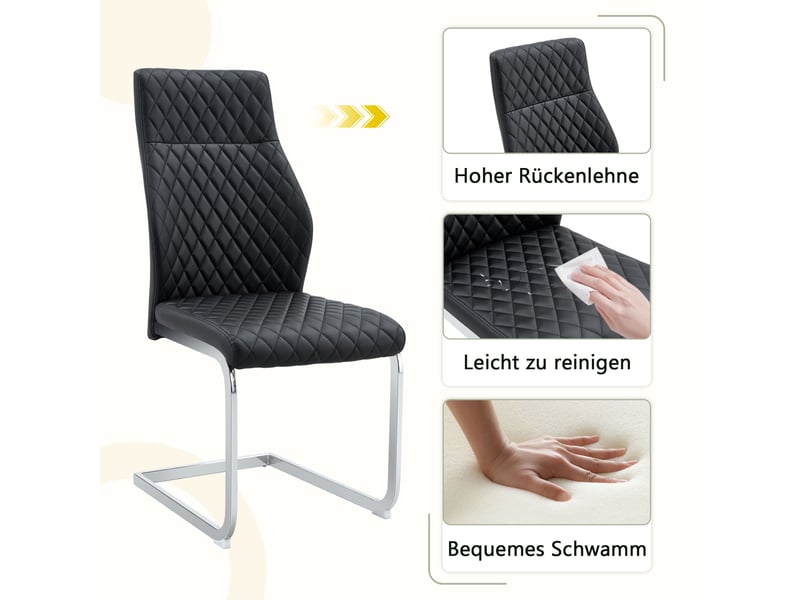  Chaises de salle à manger lot de 2 à dossier haut matelassé  - pieds métal argenté, simili cuir noir  - Conforama E