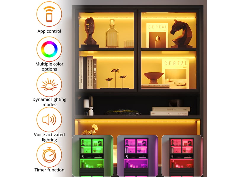  Vitrine 4 portes en verre, 1 tiroir et éclairage led rgb par application pour salon, en mdf noir, 80 × 35 × 200 cm  - Conforama E
