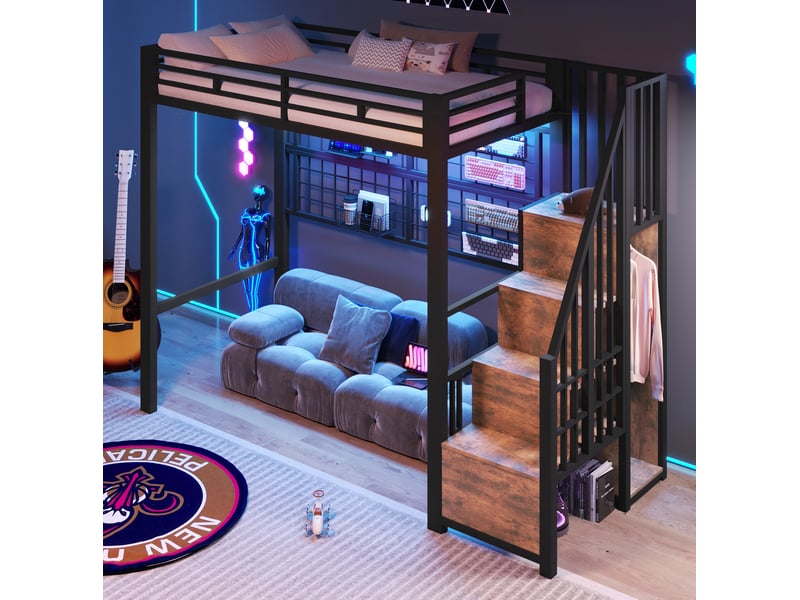  Lit mezzanine 90x200 cm avec armoire-escalier et led,coloris noir  - Conforama D