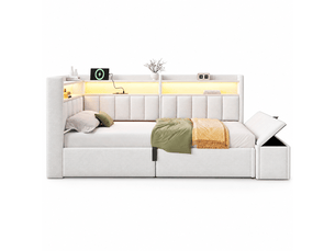 Lit coffre 140x200 cm 2 places, lit double, lit banquette en lin beige, rangement hydraulique, banc coffre, tête de lit réversible, led, usb-ausb-c