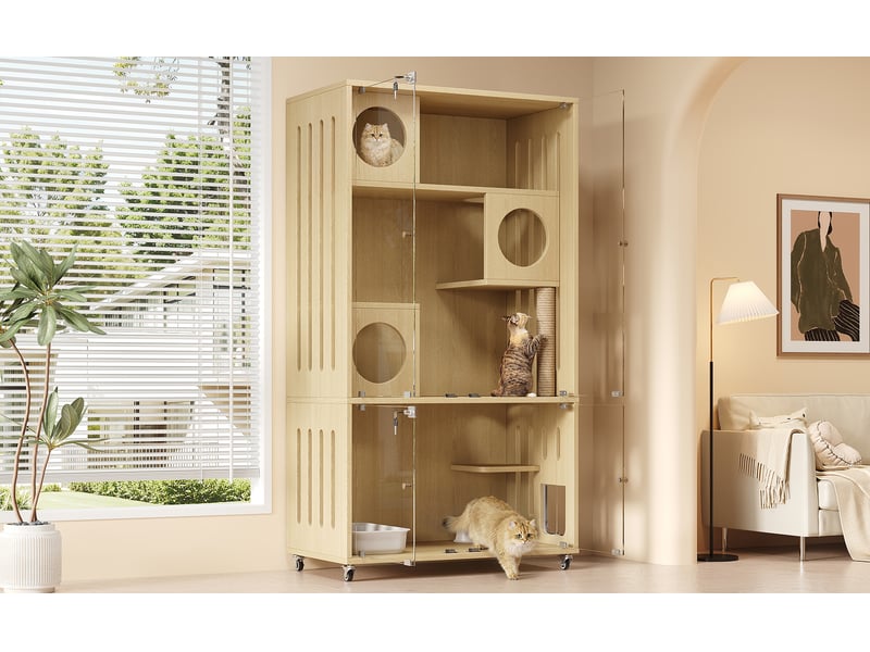  Meuble vitré mobile 90 x 50 x 166 cm, 3 niveaux, portes en verre trempé avec serrure, roulettes, finition bois naturel  - Conforama W