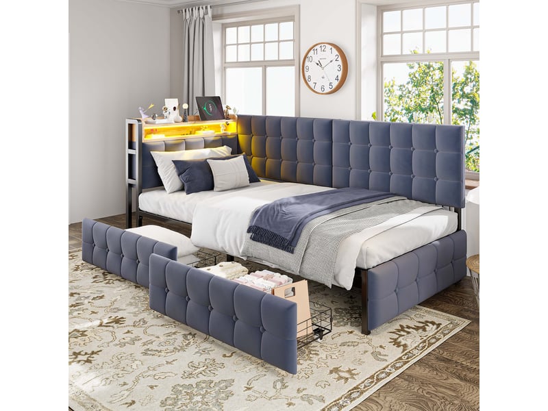 Lit banquette 90 x 200 cm, tiroirs de rangement, éclairage led intégré, ports de charge usb, structure rembourrée, pour la chambre, tissu, gris ABC - Conforama E