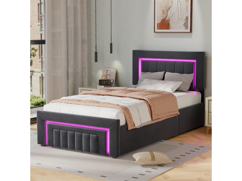  Lit avec coffre 90 x 190 cm en velours gris, cadre en fer, led et 1 tiroir, sommier inclus, sans matelas  - Conforama C