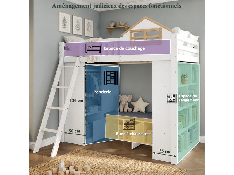 Lit mezzanine cabane enfant 90 x 200 cm avec échelle, armoire, étagères et banquette avec rangement, blanc et naturel - Conforama E