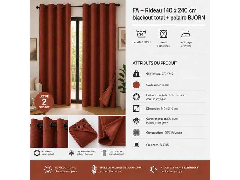 Lot de 2 rideaux 140 x 240 cm blackout total & thermique double polaire gris - Conforama B