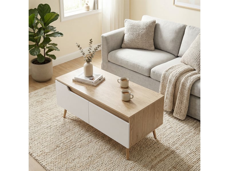  Table basse rectangulaire style scandinave effet bois clair blanc 2 tiroirs niche  - Conforama B