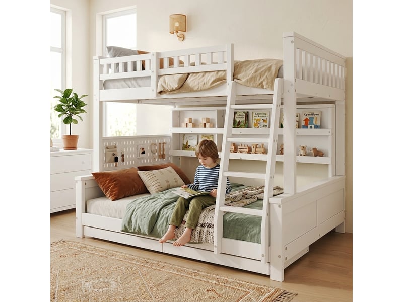 Lit superposé enfant 120x200140x200 cm - 2 lits séparables, étagères et panneau perforé - pin et mdf - blanc CozyNest - Conforama B