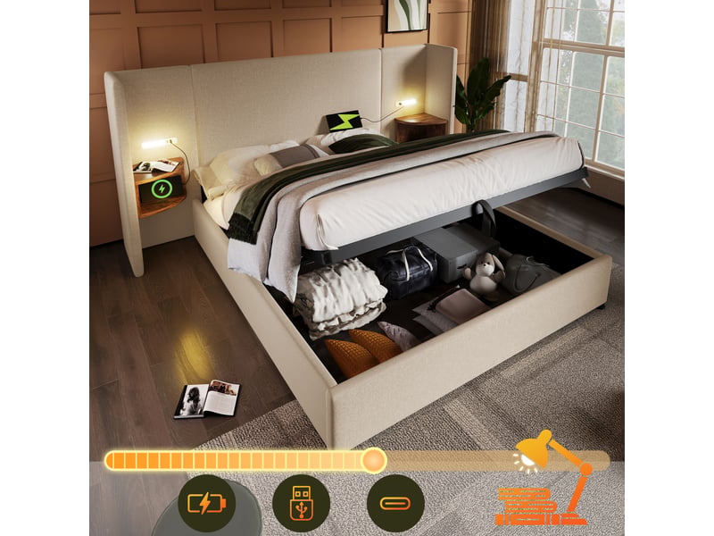  Lit double 160x200 cm avec coffre de rangement, tête de lit étagère, liseuse led et ports usbtype-c, tissu lin beige  - Conforama R