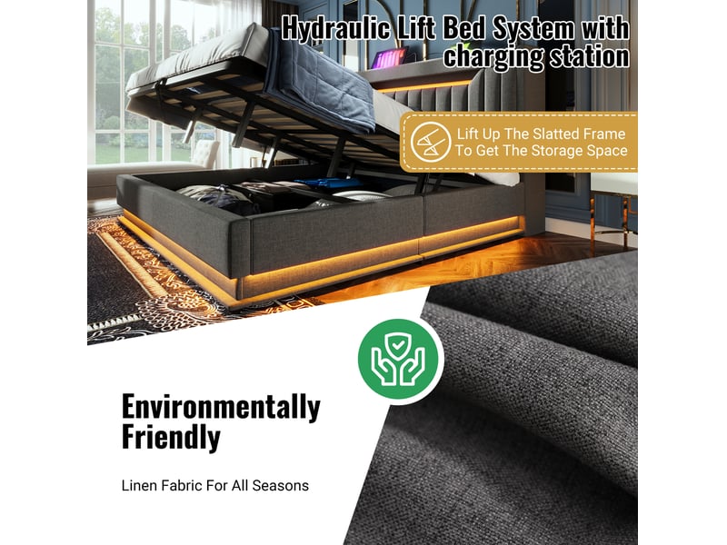 Lit coffre 140 × 200 cm 2 places avec led, usb et type-c, rangement hydraulique, matelas inclus, gris en lin  - Conforama E