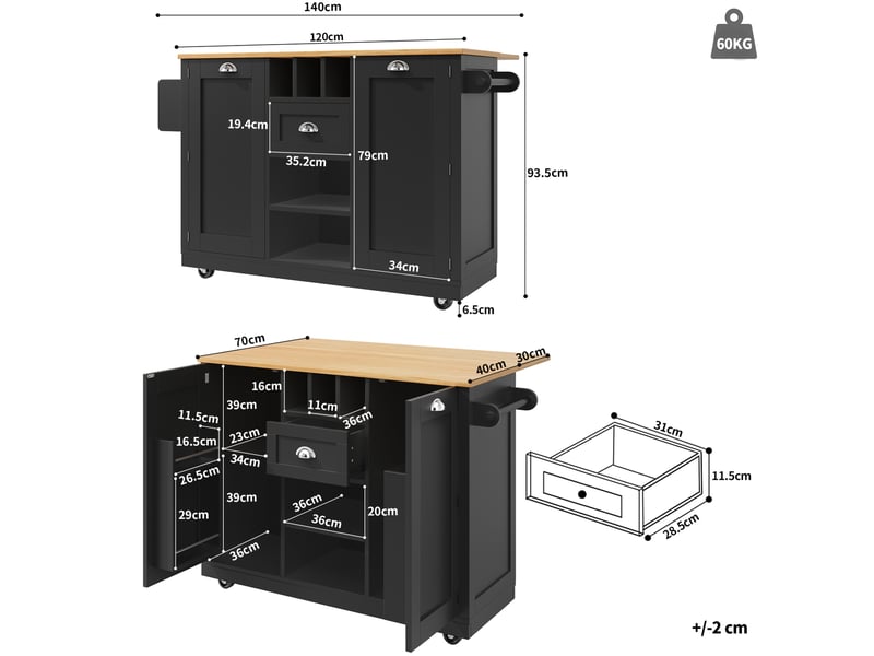 Desserte de cuisine 140 x 40 x 93,5 cm noire en mdf, plateau rabattable, range-bouteilles, rangement mobile  - Conforama C