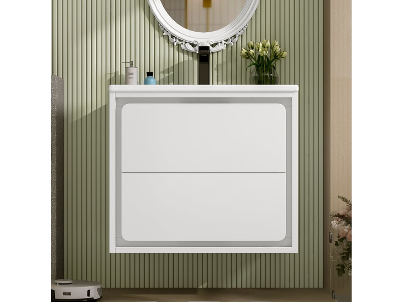  Meuble de salle de bains mural moderne 60x46x50 cm avec éclairage led, armoire de rangement avec 2 tiroirs, mdf blanc  - Conforama D