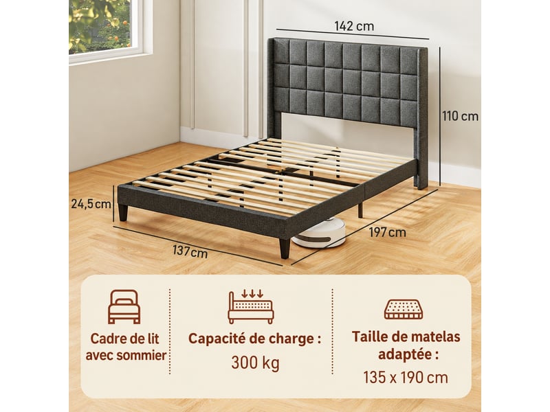 Lit double 135 x 190 cm avec tête capitonnée à oreilles et lattes en bois, tissu aspect lin gris - Conforama C