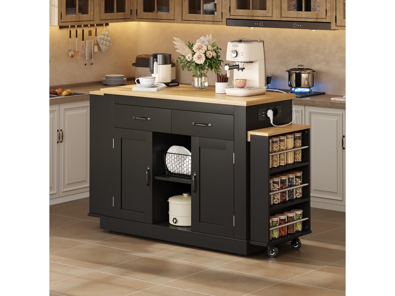 Îlot de cuisine mobile avec 2 plateaux extensibles et prises intégrées - rangements mdf noir 142 × 55 × 93 cm - Conforama C