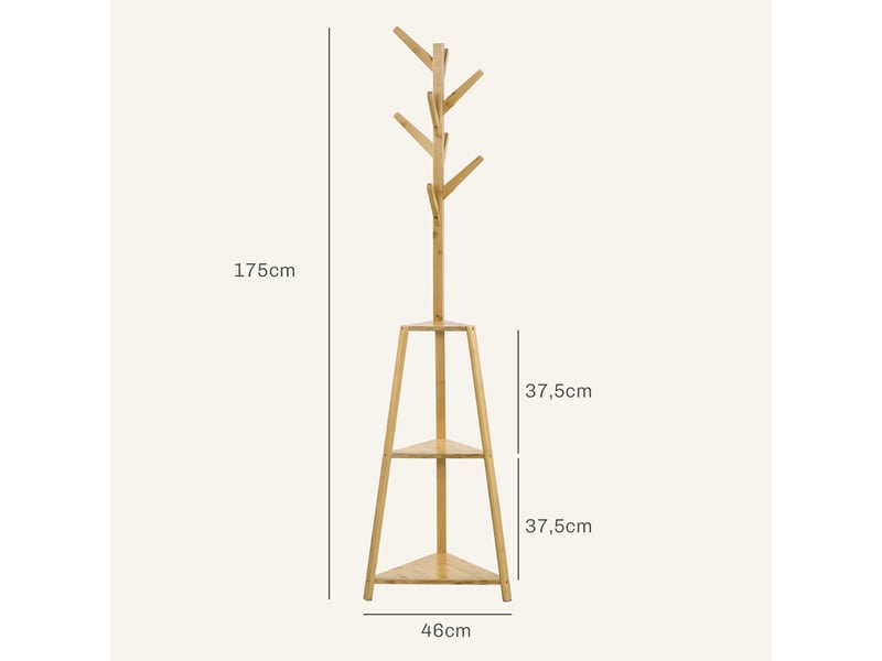  Porte-manteau sur pied avec 8 patères 3 étagères en bambou naturel 46x46x175 cm  - Conforama C