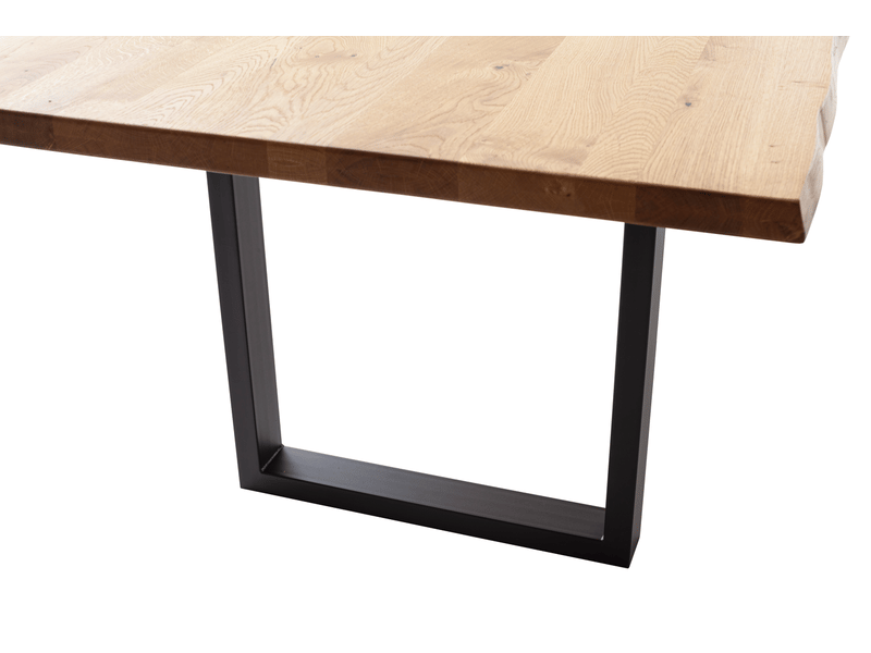  Table à manger avec bord irrégulier coloris chêne massif naturel et pieds en métal noir - longueur 220 x profondeur 100 x hauteur 76 cm  - Conforama C