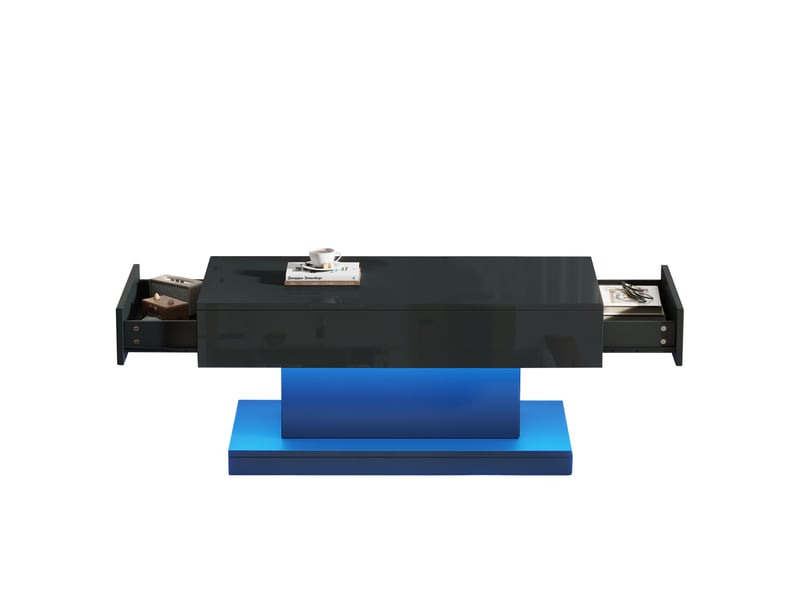  Table basse 100x50x45 cm avec éclairage led, 2 tiroirs, table d'appoint, salon, panneau de particules, noir brillant  - Conforama A