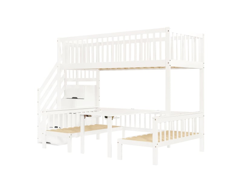  Lit superposé enfant 90x200 cm et 120x200 cm, table réglable, escalier de rangement, barrières de sécurité, en bois, sans matelas, blanc  - Conforama D