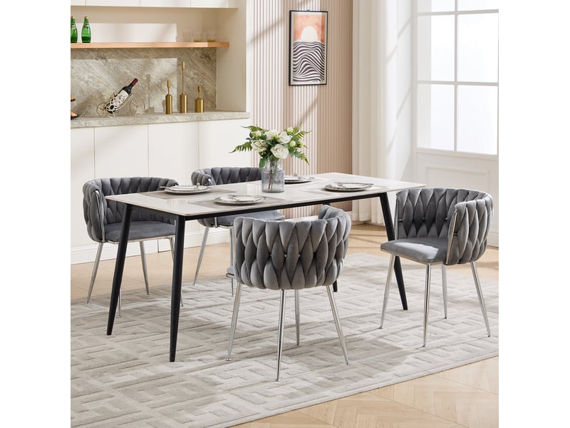  Chaise de salle à manger lot de 2 en velours avec dossier bas tressé et pieds argentés gris 55 × 48 × 75 cm  - Conforama E