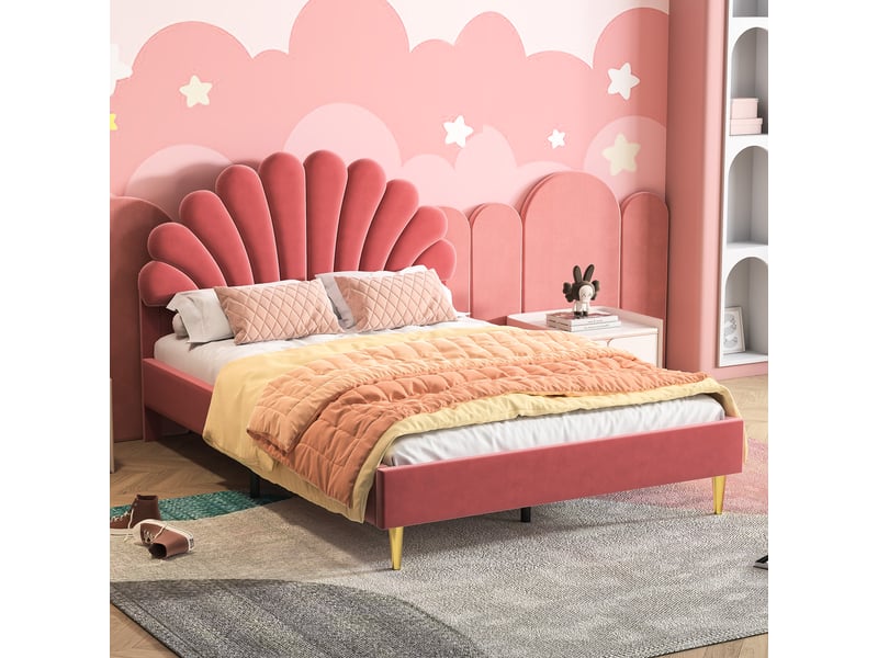  Feeohome lit pour enfant rembourré 140 x 200 cm, cadre de lit double avec sommier à lattes, lit simpledouble pour fille velours sans matelas, beige (rouge)  - Conforama E