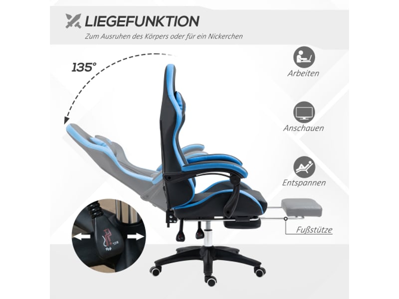  Fauteuil gaming bleu noir, coussin lombaire, appuie-tête, accoudoirs réglables, inclinable, 120 kg  - Conforama D