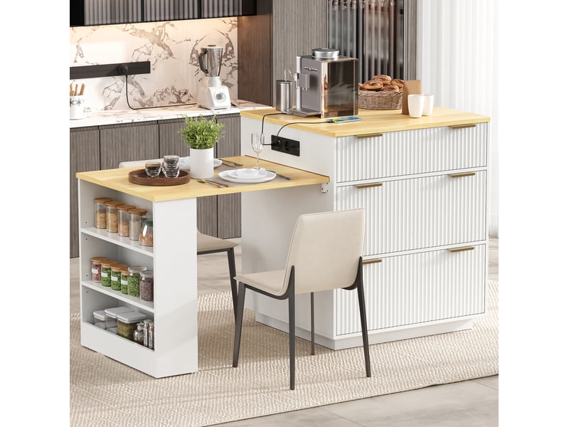  Îlot de cuisine blanc extensible 127,5-205 cm avec led, prises et rangements  - Conforama D