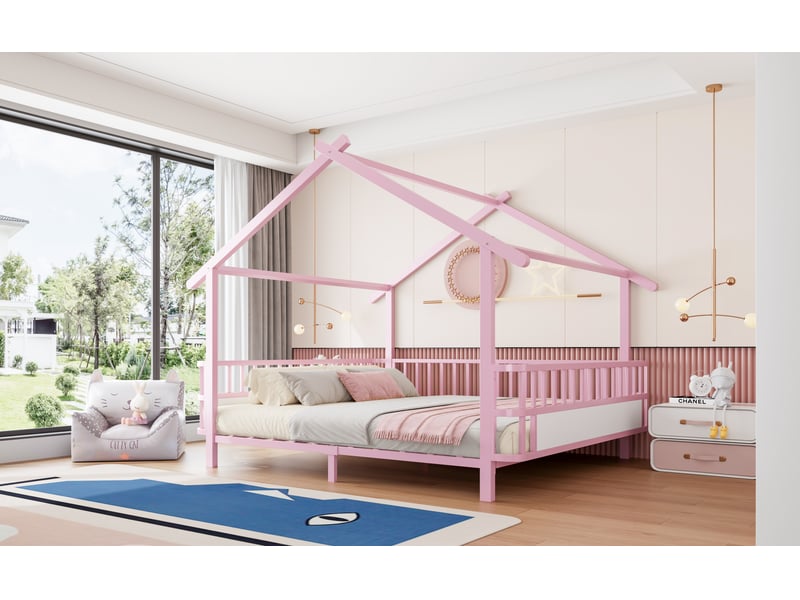  Lit cabane 140 x 200 cm pour enfant avec toit décoratif ouvert, barrières de sécurité et cadre personnalisable, métal, rose Morn Vibe - Conforama B