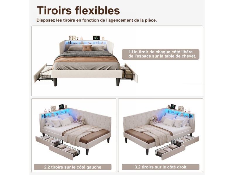 Lit banquette 140x200 cm avec led rgb et usb chargeur, canapé-lit rembourré avec rangement et tête de lit capitonnée lit ado avec tiroirs et cadre de lit à lattes beige velours, sans matelas - Conforama D