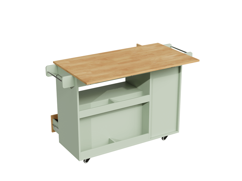  Îlot de cuisine mobile 120x70x91 cm vert, plateau rabattable, 2 tiroirs et roulettes verrouillables Fay Lum - Conforama E