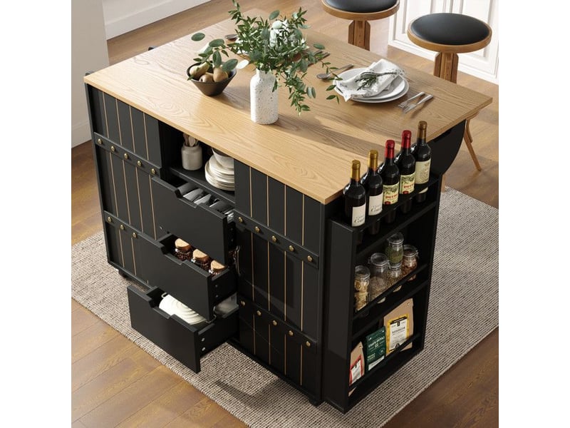  Desserte cuisine noir moderne - plateau pliable (42-70cm), portes coulissantes &amp; 3 tiroirs | idéal petite cuisine  - Conforama B