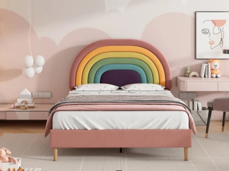 Lit capitonné, 140×200 cm, sommier + tête réglable, velours, rose, montage facile - Conforama B