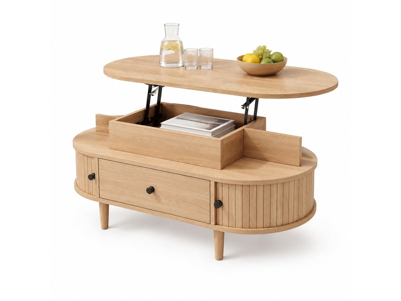  Table basse relevable ovale 105x50 cm – naturel – rangement central, tiroir et portes coulissantes latérales  - Conforama A