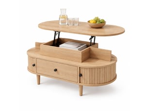 Table basse relevable ovale 105x50 cm – naturel – rangement central, tiroir et portes coulissantes latérales