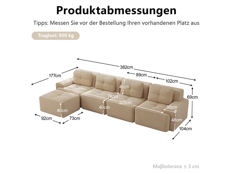 Canapé modulable 4 places avec méridienne en l beige en velours côtelé – 382 x 177 x 69 cm - Conforama E