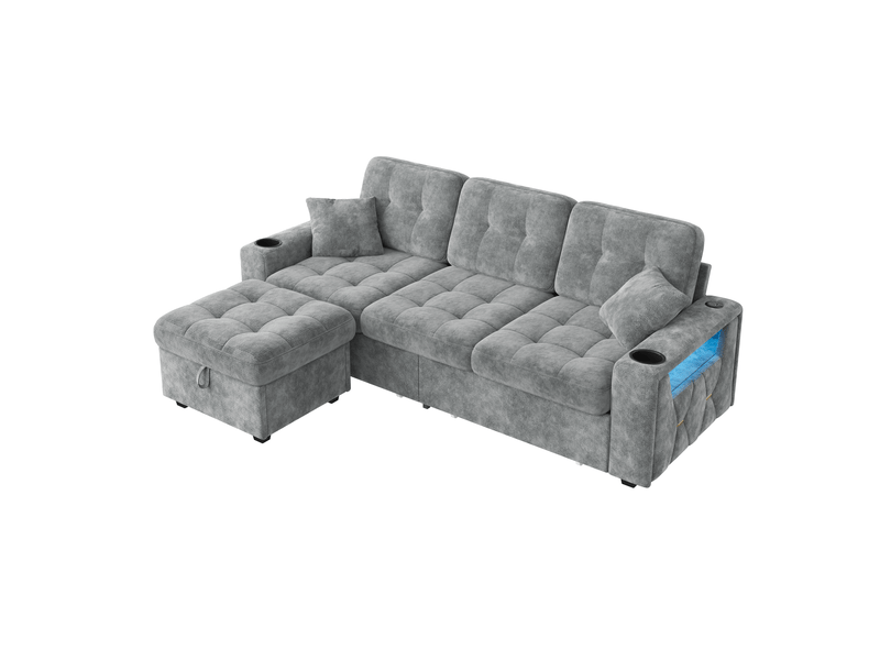  Canapé d’angle 3 places en chenille 194,5x133x83 cm, avec usb-c et led, porte-gobelets, rangements latéraux, 2 tiroirs et pouf coffre, gris  - Conforama A