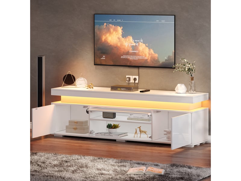  Meuble tv bas rayofi 150 x 35 x 43 cm, 3 portes, 4 compartiments, éclairage led intégré, blanc laqué, panneaux de particules  - Conforama C