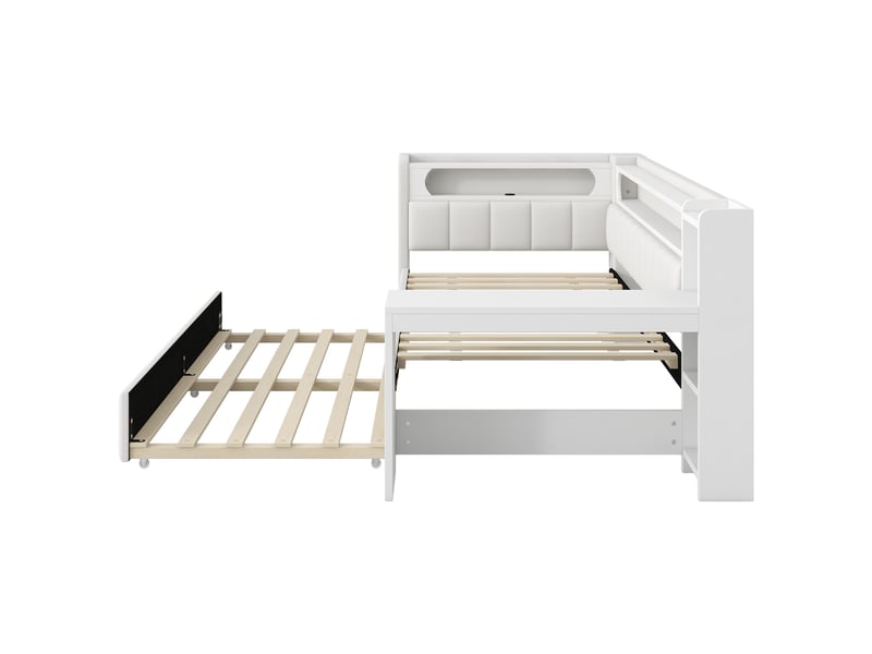  Lit tiroir gigogne 90x200 cm avec bureau, led 7 couleurs, ports usb, tissu lin blanc, sans matelas  - Conforama D