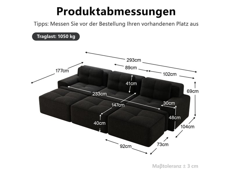  Canapé modulable d’angle 3 places avec trois poufs en velours côtelé noir, sans montage  - Conforama C