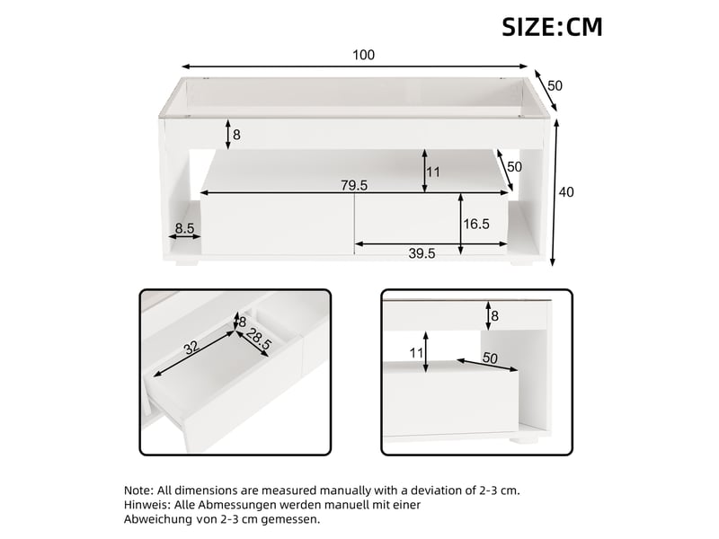  Table basse avec 2 tiroirs, 2 niches et led pour salon, en panneau de particules, blanche, 100 × 50 × 40 cm  - Conforama D