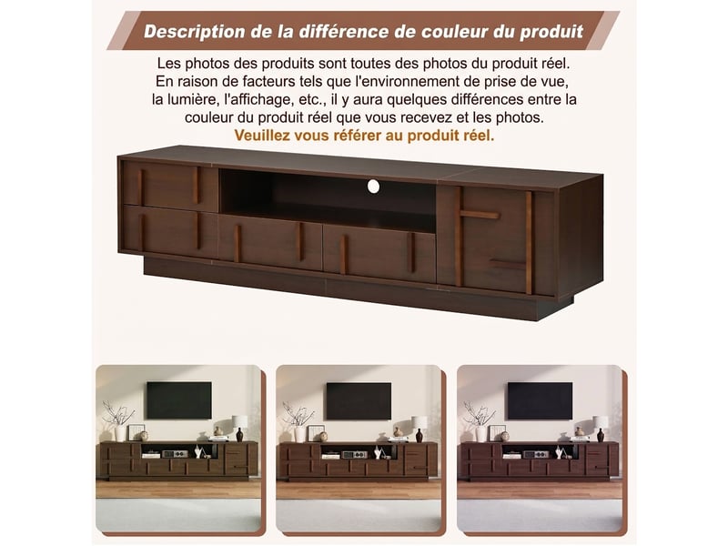  Meuble tv 180 cm couleur noyer en mdf avec 4 tiroirs, meuble tv pour 75 pouces, rangement salon  - Conforama R