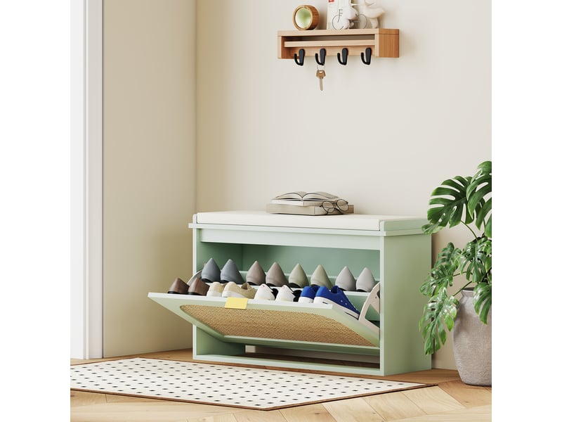  Banc à chaussures, banc de rangement, assise rembourrée, tiroir rabattable, porte en rotin, 80 x 26 x 47,5 cm, vert  - Conforama C
