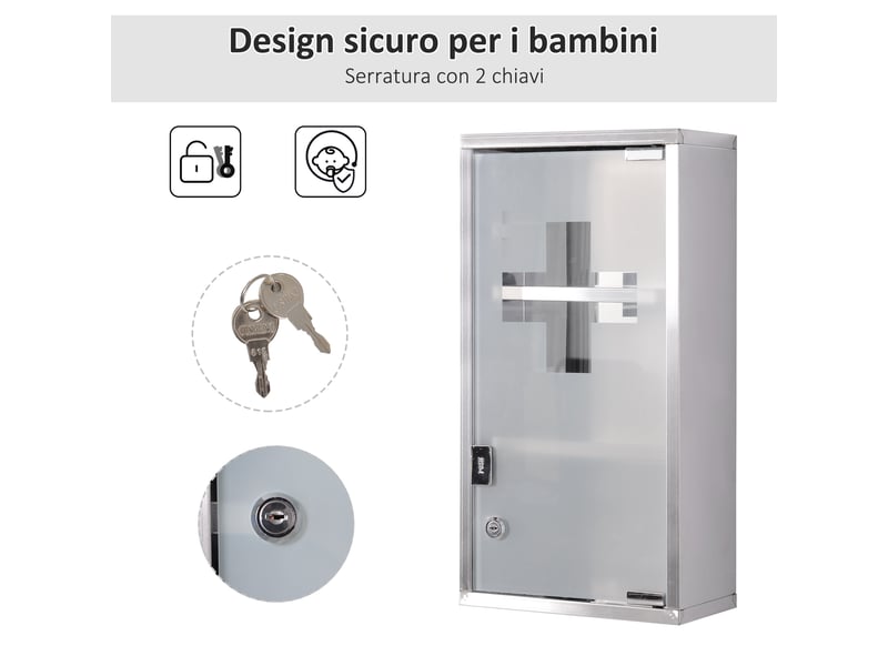  Armoire à pharmacie murale verrouillable, acier inoxydable 430, 3 étagères, 25 x 12 x 48 cm  - Conforama W