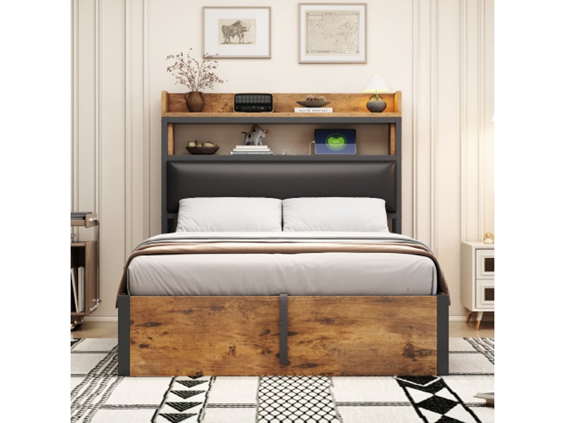 Lit coffre 90x200 cm, lit simple avec usb, tête de lit rembourrée, design rétro en bois et métal, sans matelas, noir - Conforama B