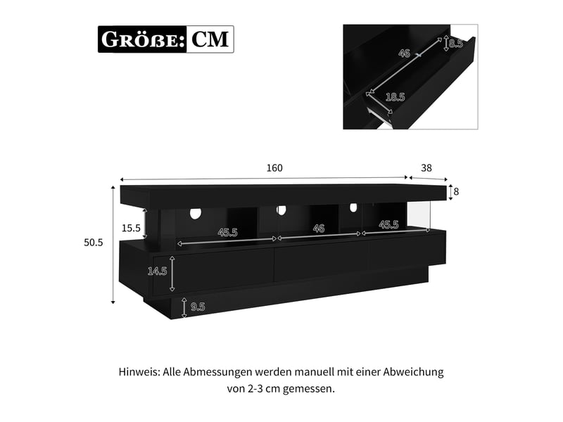  Meuble tv avec 3 étagères en verre et éclairage led par application mobile pour salon, 160×38×50,5 cm noir brillant  - Conforama D