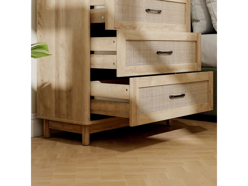  Commode 3 tiroirs style bohème chic rotin effet bois clair  - Conforama E