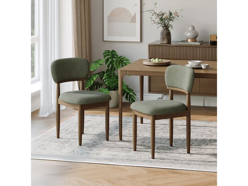  Lot de 2 chaises de salle à manger rembourrées, dossier ergonomique, tissu texturé respirant, structure en bois massif, style moderne, vert  - Conforama B