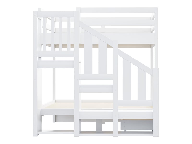  Lit superposé en bois 140 x 200 cm, avec échelle de rangement, portant simple, grille de sécurité et tiroir de rangement, blanc  - Conforama E