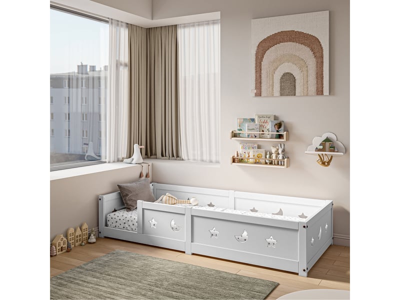  Lit enfant 90x200 cm avec barrières de sécurité et sommier à lattes - pin massif - blanc  - Conforama C
