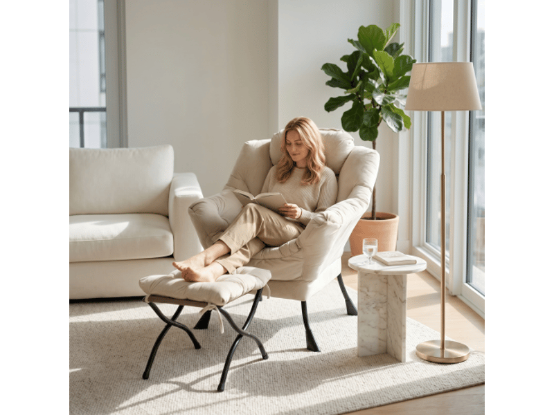  Fauteuil avec repose-pieds - fauteuil inclinable avec accoudoirs, poche latérale - fauteuil à oreilles - beige  - Conforama C